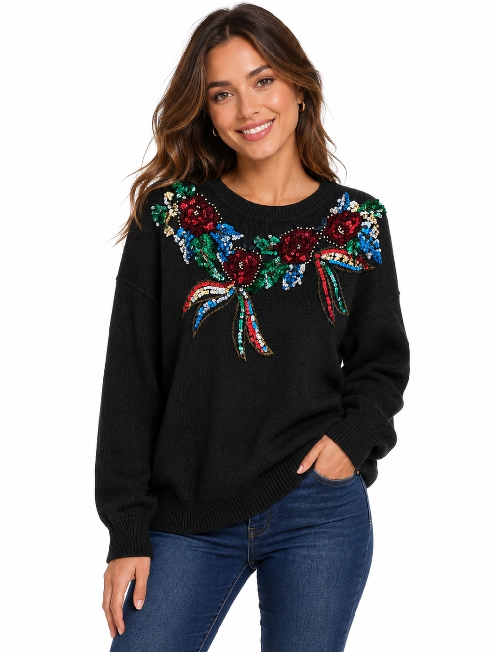Western Connection Sequin Floral Sweater Black Oversized Embellished Knit Medium